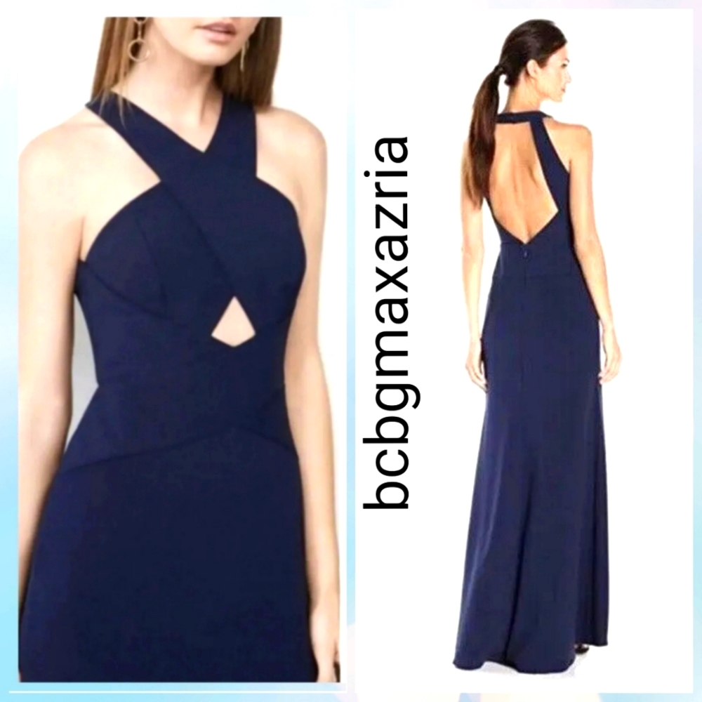 NEW MAVY BCBGMAXAZRIA SALOME CUT OUT HALTER GOWN DRESS